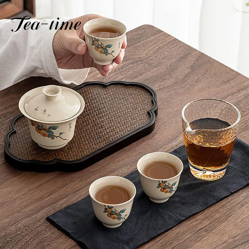 Retro Plant Ash Tea Cups Ceramic Portable Bag Teapot Outdoor Travel Gaiwan Tea Cups of Tea Ceremony Kung Fu Tea Set Teaware Set