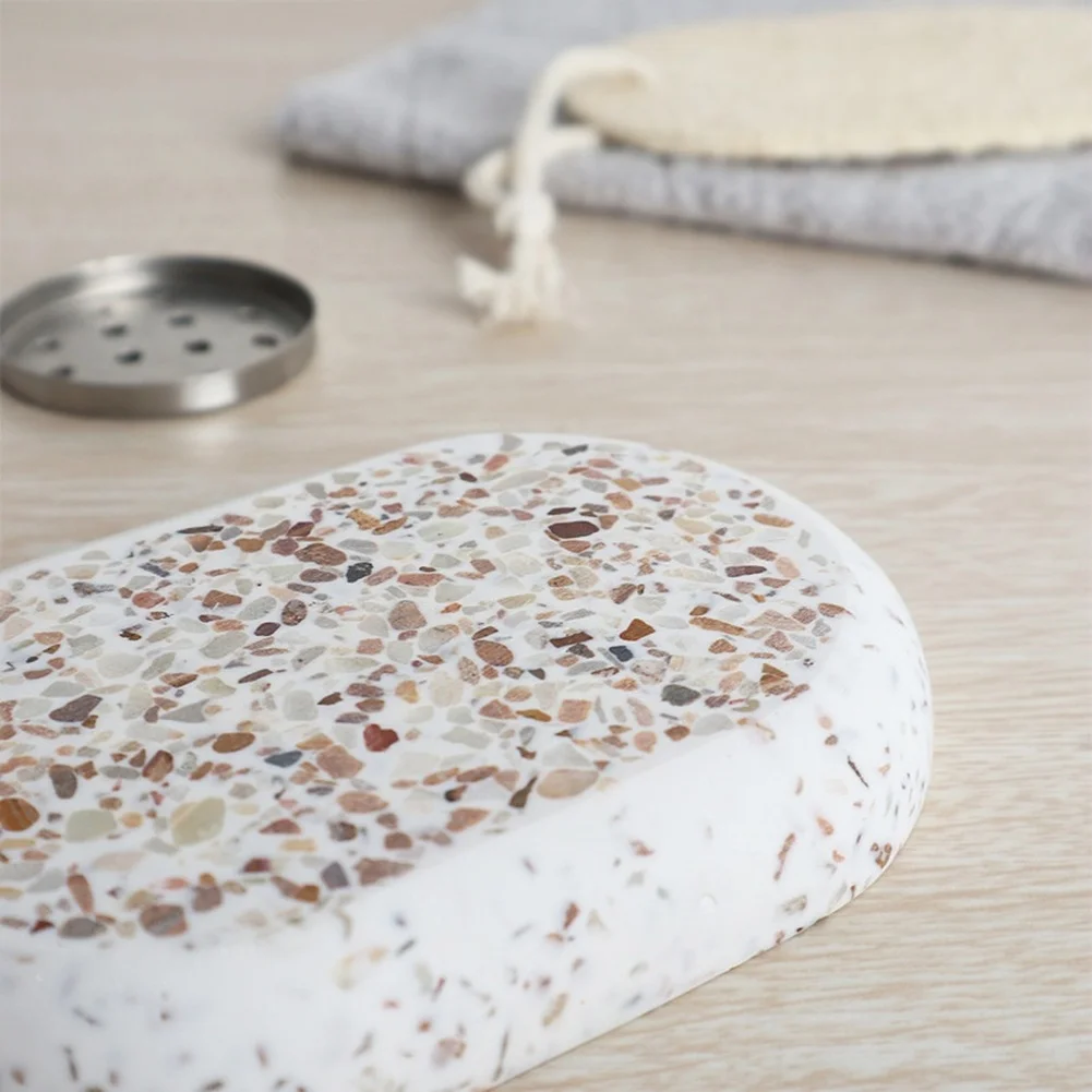 Oval Terrazzo Soap Dish with Integrated Removable Stainless Steel Drain Tray for Streamlined Daily Maintenance