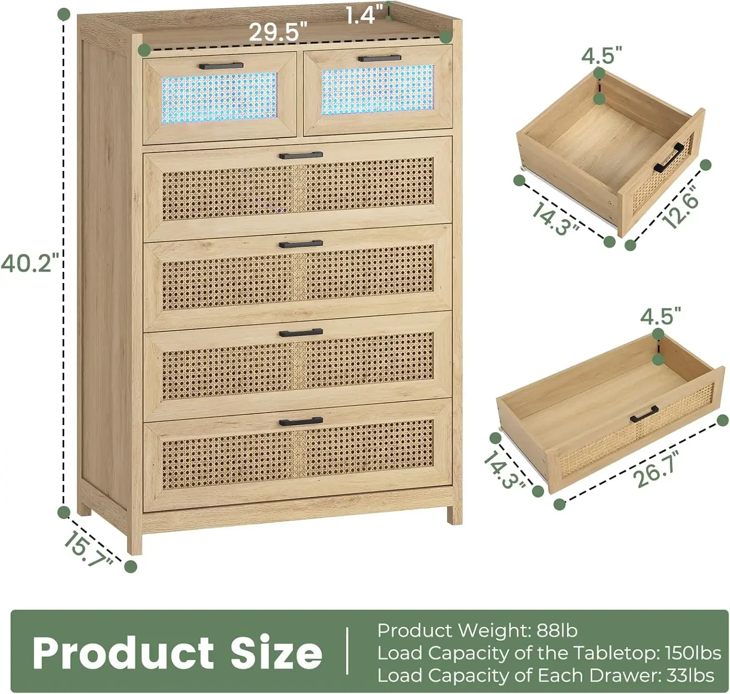 

Natural Rattan Wood Dressers with Led Light, Tall Dressers & Chests of Drawers, Bedroom Closet Dresser for Bedroom, Entryway