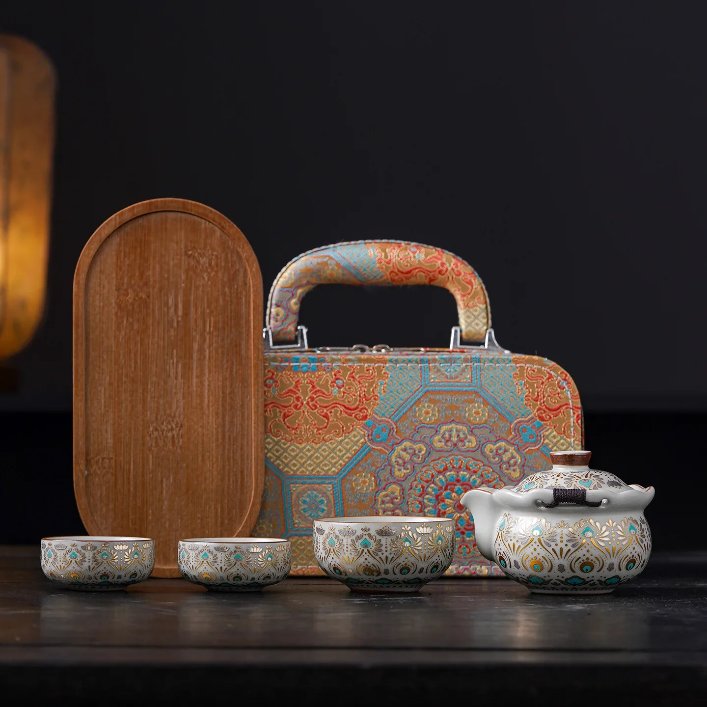 Tea Ceremony Set Luxury Dunhuang Hand-held Teapot Travel Tea Set One Pot Three Cups Gongfu Retro Teapot Porcelain Gift Full Set