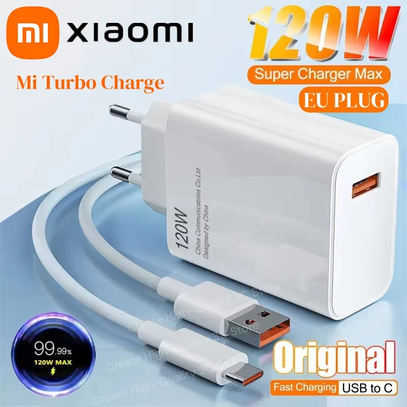 Оригинальное сверхбыстрое зарядное устройство 120 Вт QC 5,0, вилка европейского стандарта, 6 А, кабель типа C для IPhone Pro Max, Samsung, адаптер для быстрой зарядки 2025