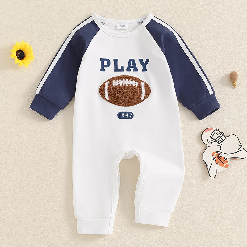 Infant Unisex Fall Bodysuit with Long Sleeves Crew Neck and Rugby-Inspired Letter Embroidery for Casual Wear