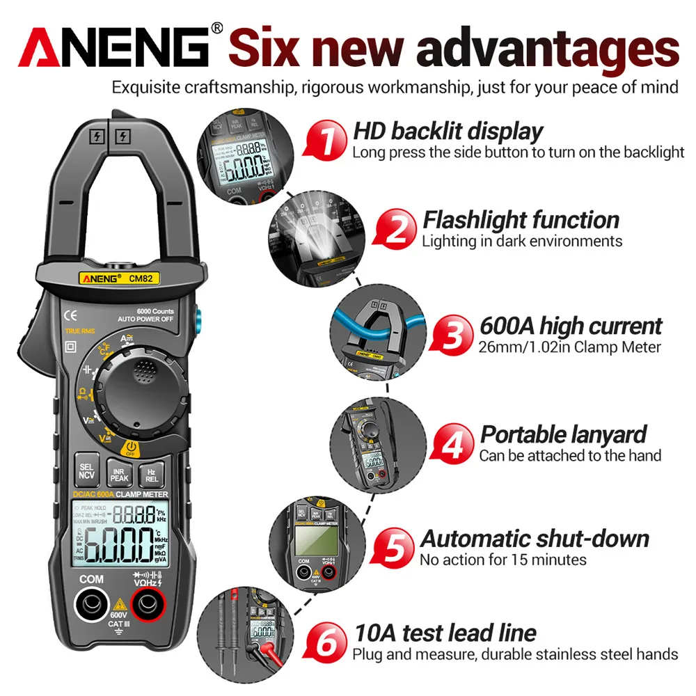 Imagem -04 - Digital Clamp Meter dc Tensão de Corrente ac 6000 Contagens Multímetro Amperímetro Tester Carro Amp hz Capacitância Ncv Ohm Teste Aneng-cm82