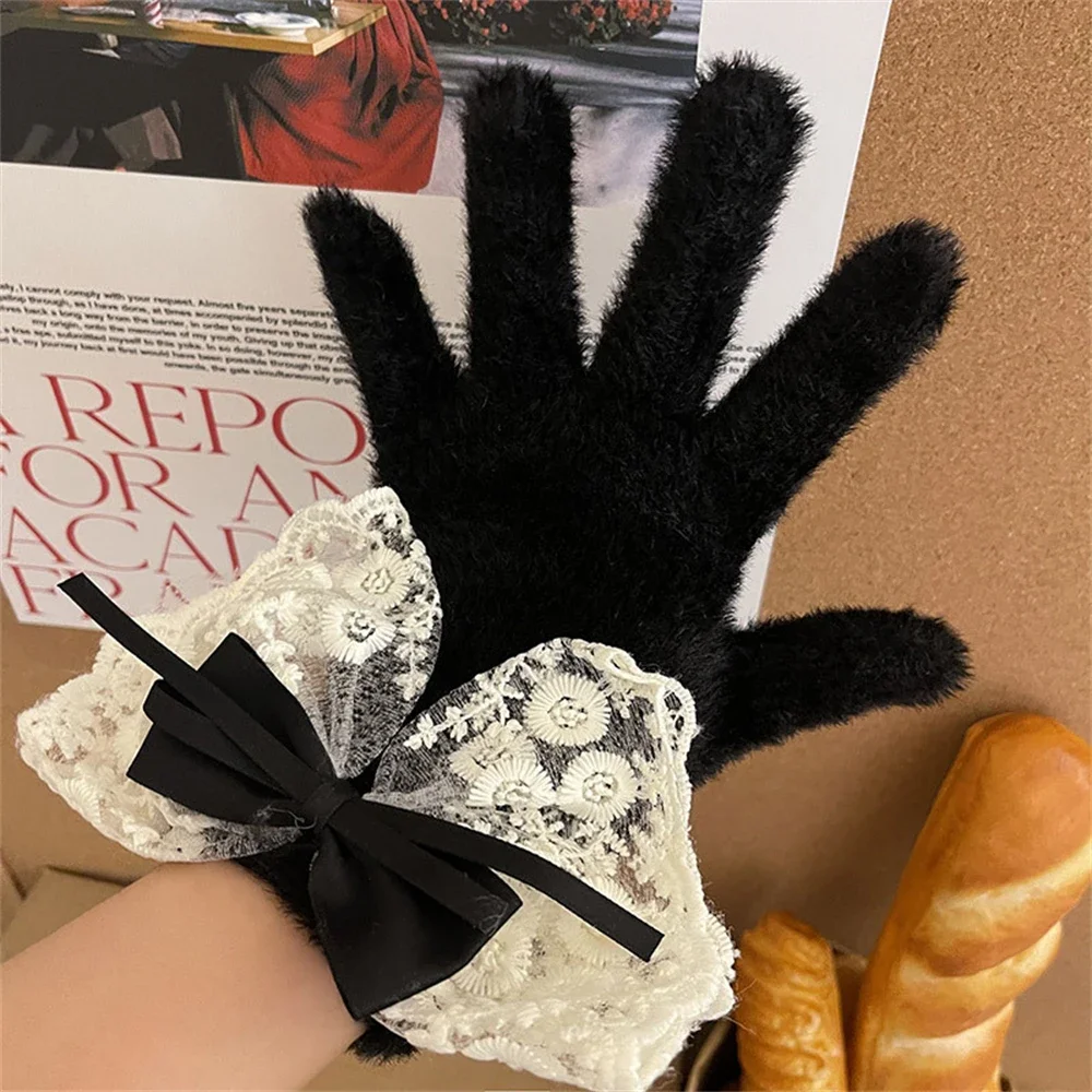 Lolita Winter Warme Gestrickte Vollfingerhandschuhe Damen Band Krawatten Spitzenhandschuhe Dame Verdickte Fleece Wollhandschuhe Warm