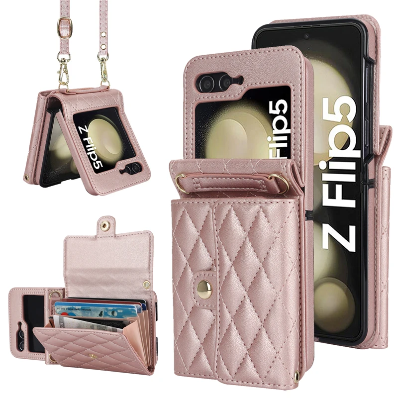 

Luxury Crossbody Shoulder Strap Mini Wallet Bag Phone Case for Samsung Galaxy Z Flip 5 5G Card Slot Holder Leather Back Cover