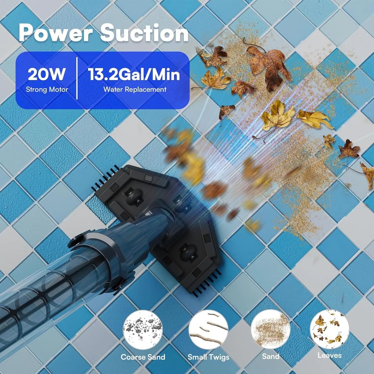 Handheld Pool Vacuum with 90 Mins Runtime, 13.2 GPM Suction, Dual Brush Heads for Above Ground Pools & Hot Tubs view 3