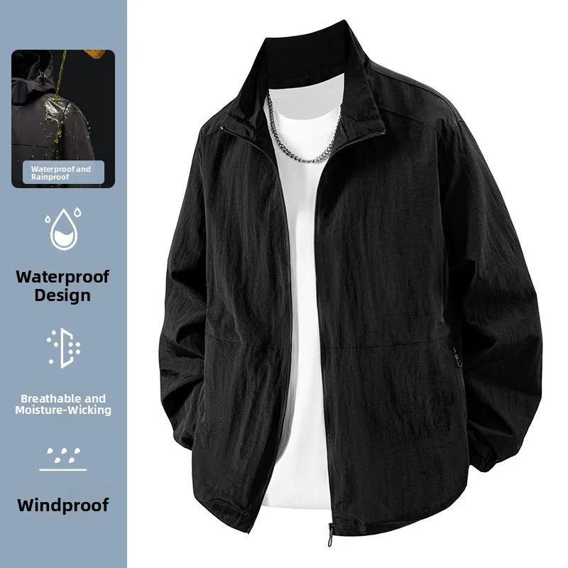 

Men's Summer Lightweight Loose Ice Silk Sun Protection Jaet Breathable Qui Dry Stand Collar Outdoor Casual Faion Coat