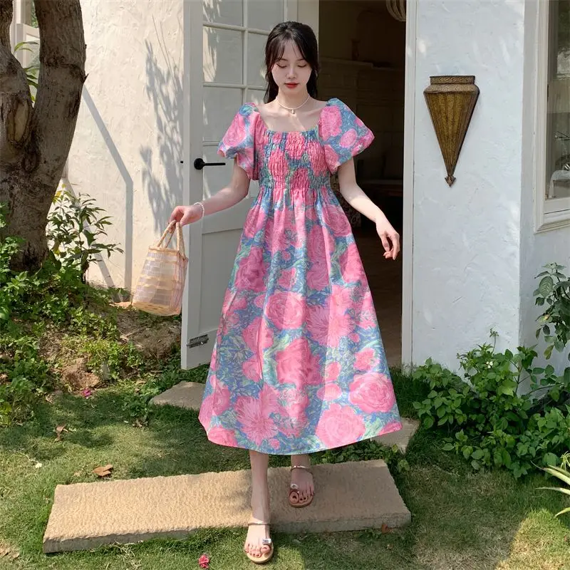 

Off Shoulder Square Neck Women Dress Lantern Sleeve Dress Women's Spring/Summer 2024 New French Print Pleated Vestidos