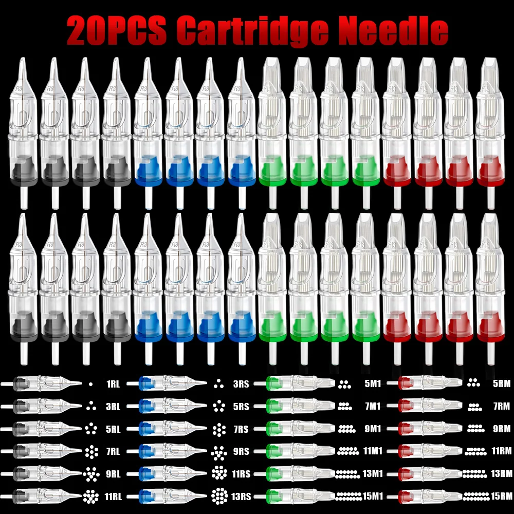 20PCS Cartridge Tattoo Needle Permanent Makeup 0.35mm RL RS M1 RM for Rotary Cartridge Tattoo Machine Pen Supply Tattoo Needle