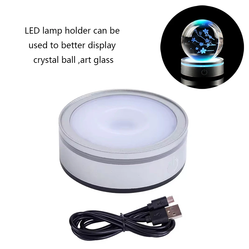 Silver/Black Round LED Lamp Holder Color Changing Light Stand with USB Cable for Crystal Ball Plastic LED Display Base