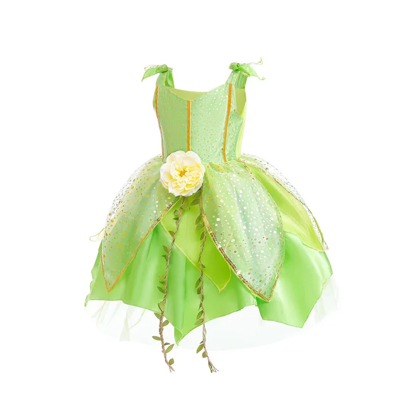 

New Tinker Bell Princess Halloween Cosplay Girls Party Green Flower Fairy TinkerBell Dress Elf Costume Glitter Butterfly Wing