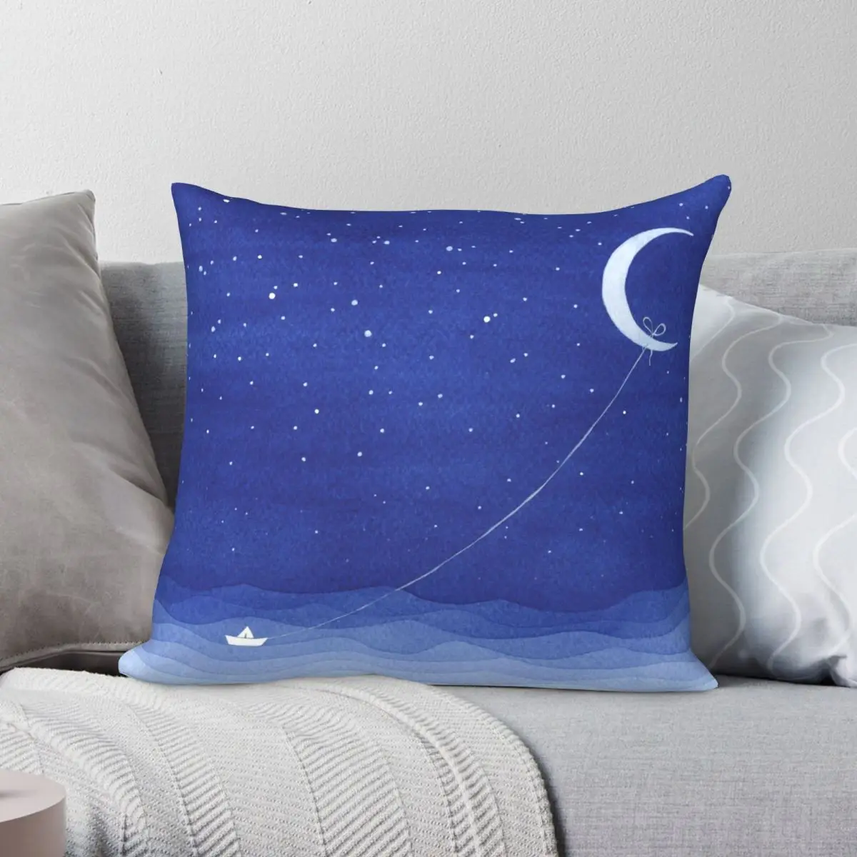 Follow The Moon Square Pillowcase Polyester Linen Velvet Pattern Zip Decor Pillow Case Home Cushion Cover