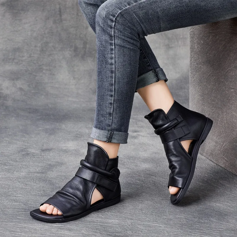 Birkuir Fashion Pleated Women Sandals Genuine Leather Flats High Top Sandals Luxury 2024 Open Toe Summer Boots Hook Loop Sandals