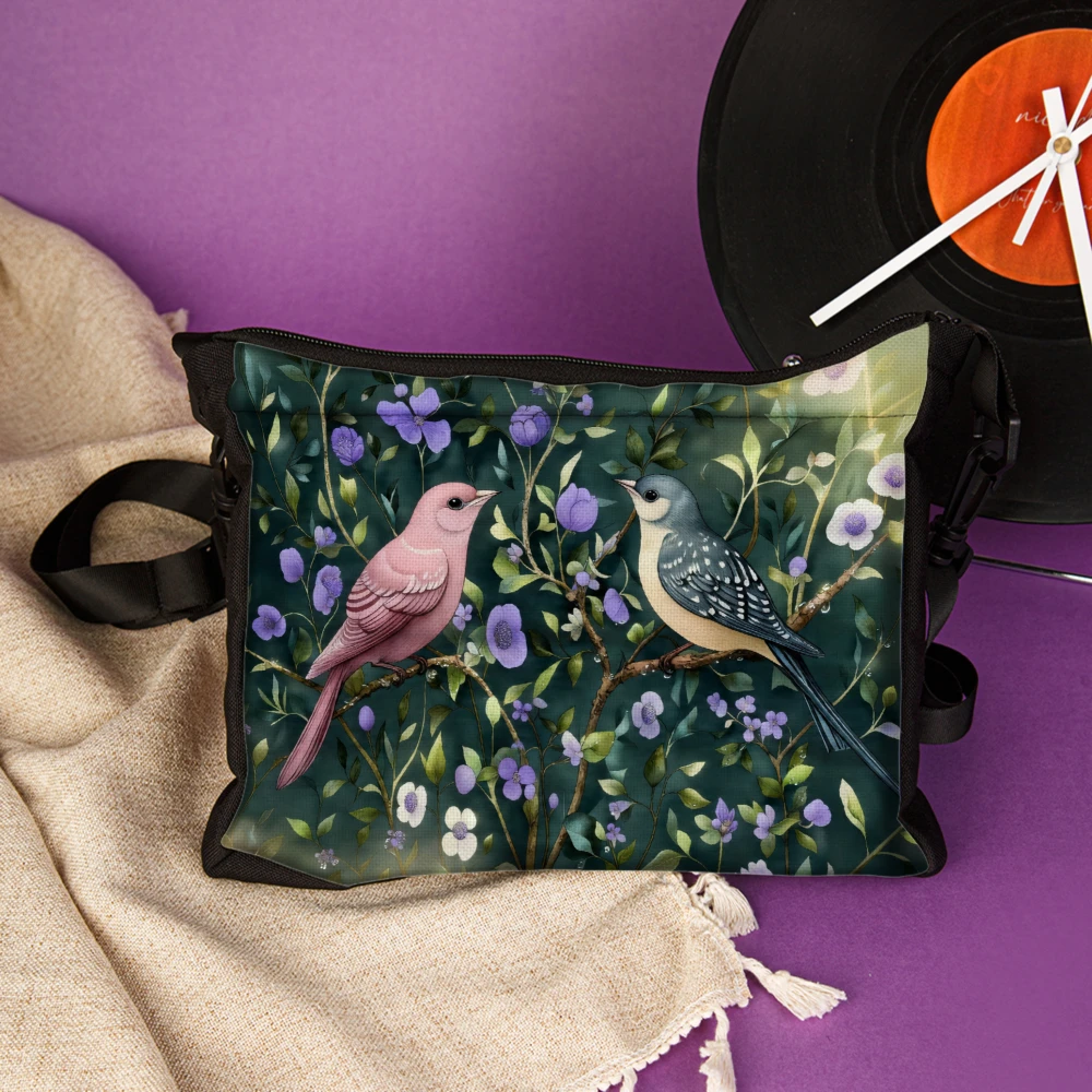 1pc Women Floral Bird Print Crossbody Bag Green Pink And Blue Birds With Purple Flowers Shoulder Bags For Casual Travel Pouch