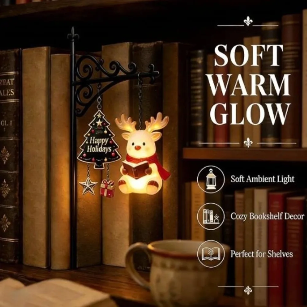 Santa Claus Christmas Bookshelf Lamp Snowman Elk Metal Lamp LED Library Lantern Cartoon Warm Glow Hanging Figurine Light
