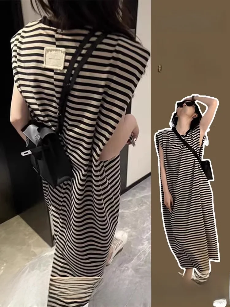 

Элегантное летнее платье-футболка без рукавов в полоску для женщин, новый дизайн, премиум-класс, длинная юбка-футболка