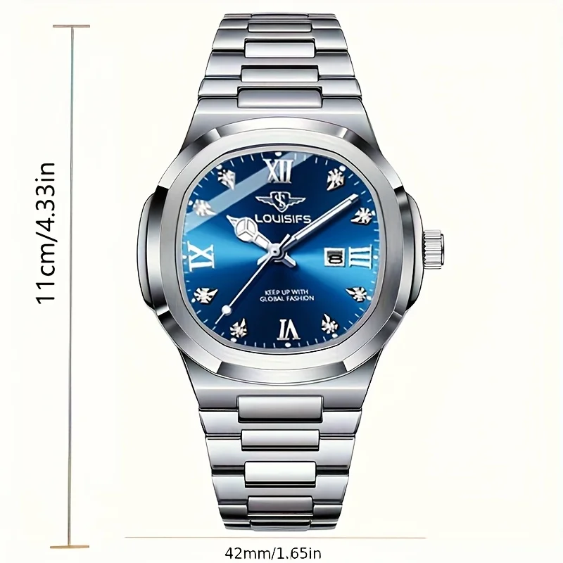 고급 남성용 쿼츠 시계 |   스테인리스 스틸 밴드, 블루 & 골든 액센트, 날짜 표시 - 백팩 C가 포함된 캐주얼하고 우아한 시계