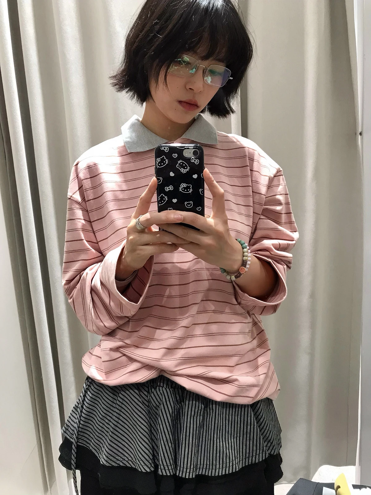 Sakura Model Long Sleeve  Neck T-Shirt Casual Loose Women's Top Creative Pattern Commute Style Korean Version Autumn Wear