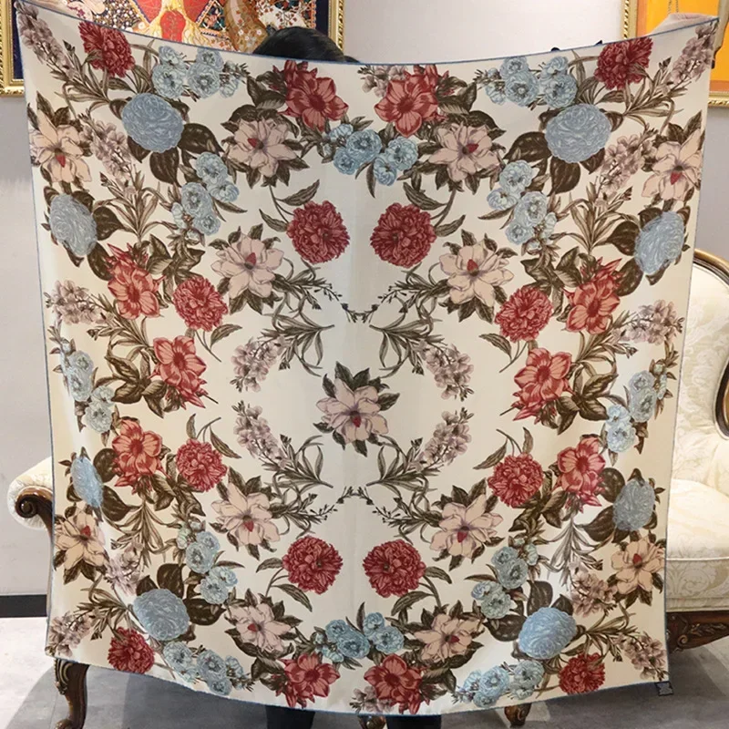 

High-end Elegant Women's Fashion Flower Blooming Print Double-sided Quality Silk Wool Hand-rolled Edge Large Square Scarf Shawl