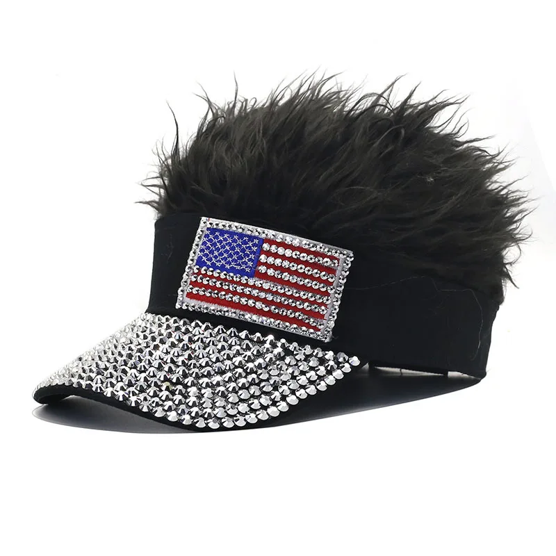 Nowa Modna Czapka Bejsbolówka z Cyrkoniami, Unisex, Ozdobiona Amerykańską Flagą