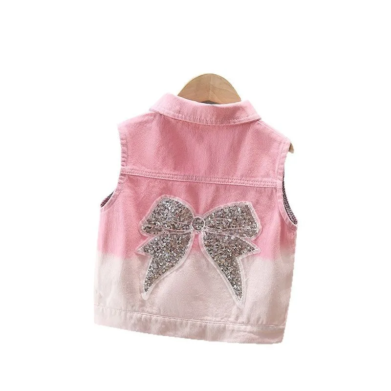 Lovely Kids Baby Pink Denim Vest With Bow Sequins for Tween Girl Casual Gradient Waistcoat 2-11Y Child Fashion Sleeveless Jacket