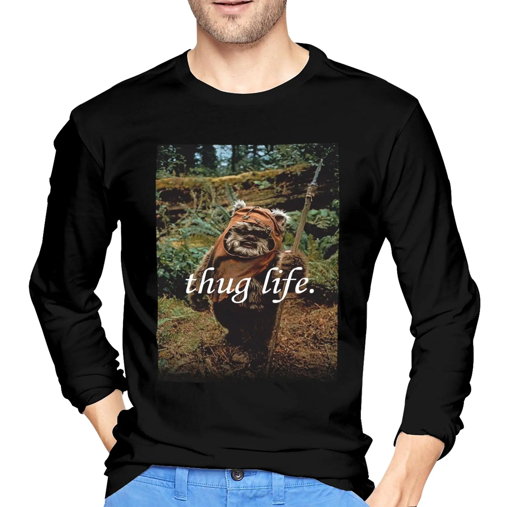 

Ewok Thug Life Men's Long Sleeved T-shirt Casual Round Neck T shirts Spring and Autumn Men tops