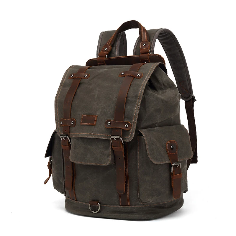 vintage canvas leather waterproof backpack travel mochila vintage masculina Rucksack men backpack waxed canvas Laptop Bagpack