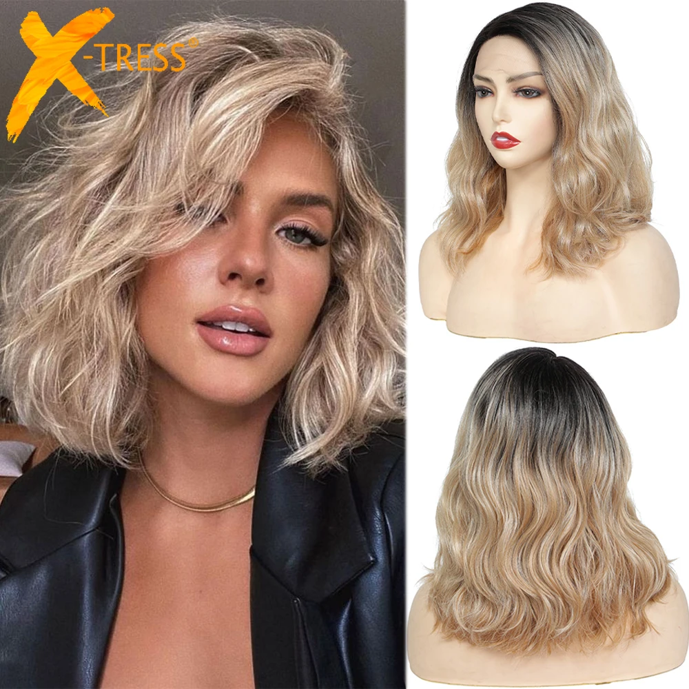 Synthetic Lace Front Wigs X-TRESS Ombre Brown Blonde Natural Wave Daily Use Side Part 12\'\' Short Bob L Part Lace Wig For Women