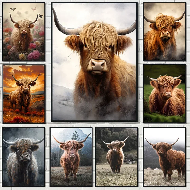 Scottish Highland Cattle Wildlife Wall Art.  Canvas Print Poster, Suitable for Home, Kids Room, Living Room Decorative Painti