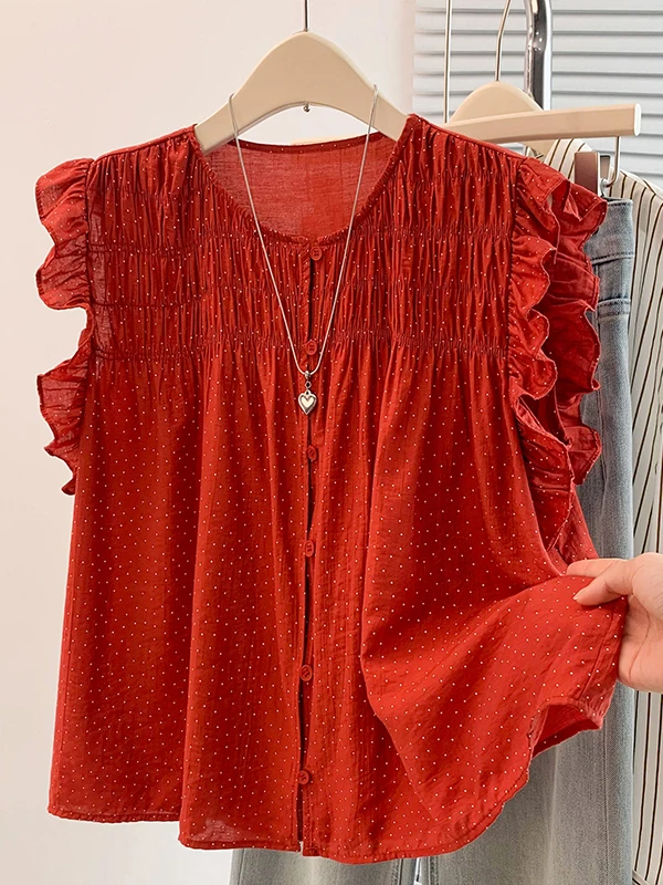 

Korean Style Sweet Blouse Women's Summer New Folded Sleeveless Shirt Versatile Breathable round Neck Button up Top
