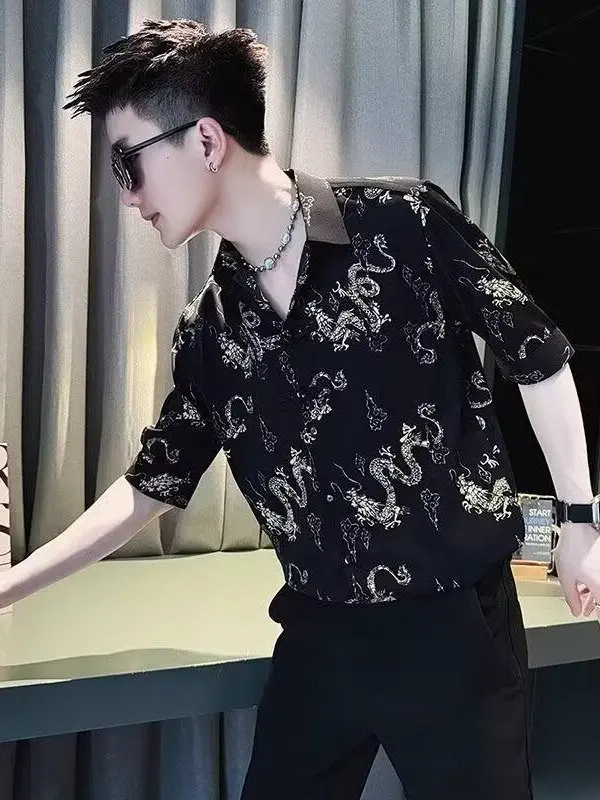

Chic Summer Men's irt Thin ort Sve National Sle Printed Ice Silk Youth Faion Stand Fit Button up Casual Top