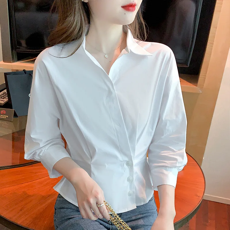

White Business Shirt Women 2024 Spring Summer Fashion Turn-down Collar Button Tunics Top OL Style Woman French Chic Work Blouse