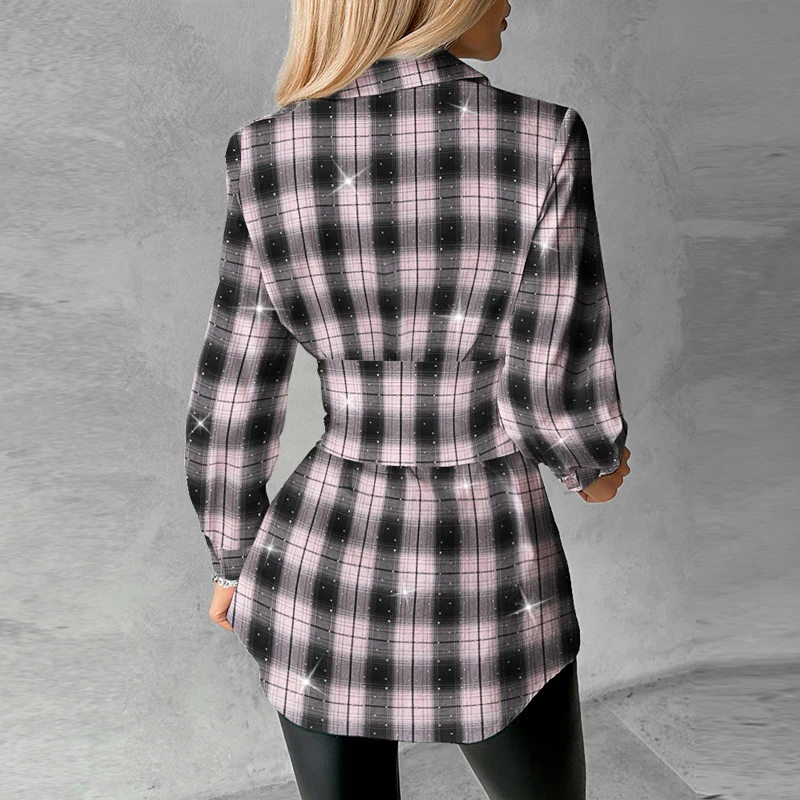 Plaid Print Lace-up Front Shining Rhinestone Decor Top Shirt Dress