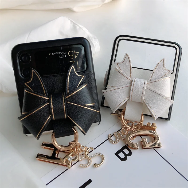 Cute PU Leather 3D Gold Edge Bowknot Phone Case For Samsung Galaxy Z Flip 5 4 3 Metal Rhinestone Figure Letter Charm Hard Cover