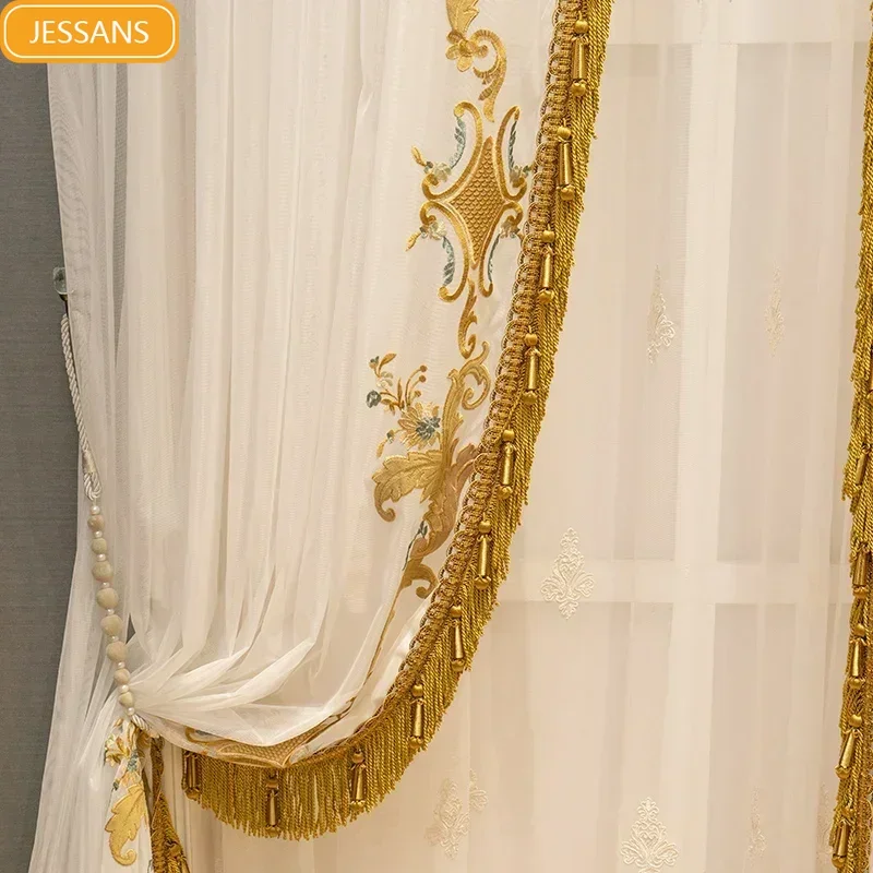 Golden Chiffon Embroidered Window Screen White Lace Curtains for Living Room Bedroom Balcony Window Partition Door Screen Tulle