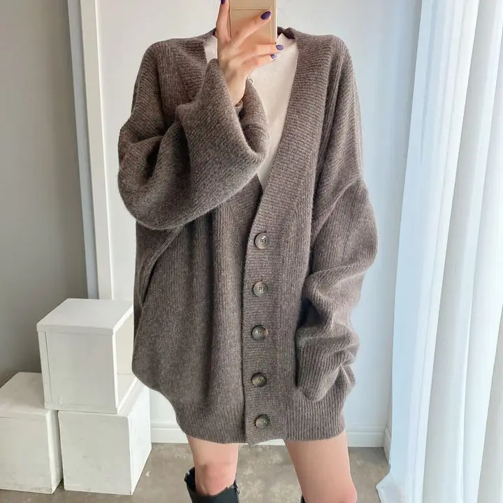 Korean Style Casual Lazy Style Single Button Knitted Open Cardigan Sweater Jacket Loose Fit V Neck Pure Color Polyester Fiber