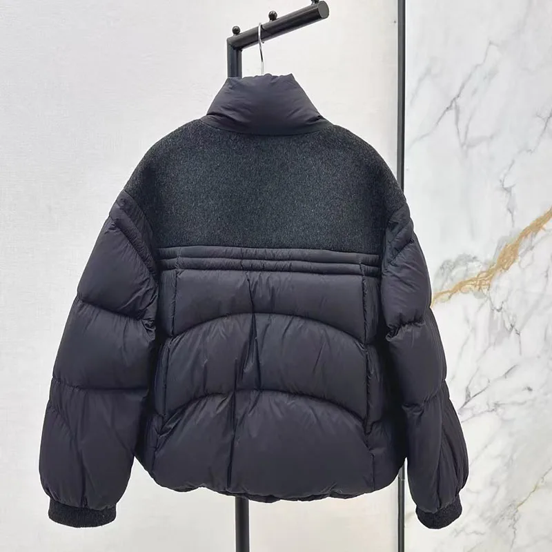 Wende-Daunenjacke aus Kaschmirmischung für Damen, locker sitzende warme Jacke, hochwertige, gefüllte Pufferjacke mit weißer Gänsedaunen