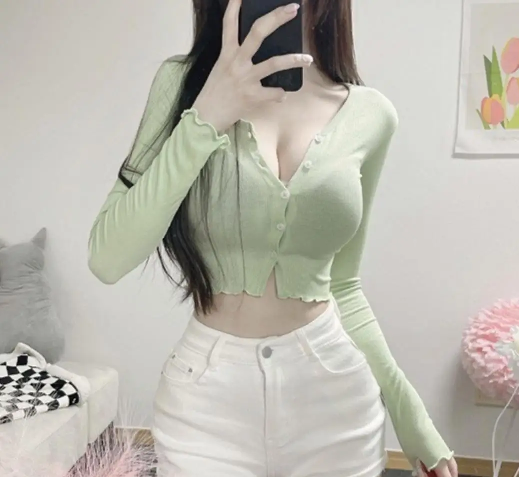 

5STUDIO Versatile Sexy Chest-Enhancing Open Cardigan Long Sve Cotton Knitted Wear with Waist Exposure for Women