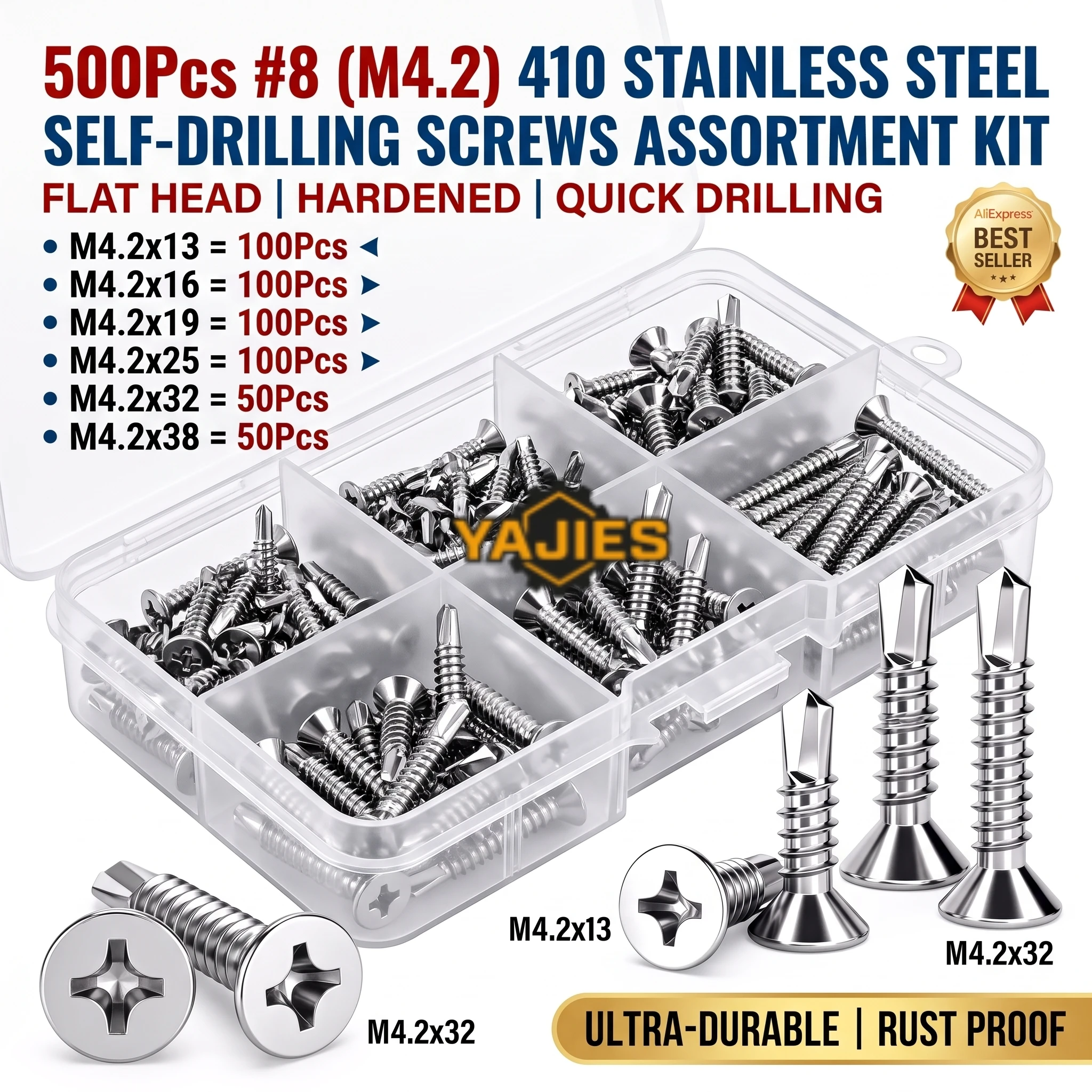 M4.2 8 410 Stainless Steel Self Drilling Screws Hardened Phillips Flat Countersunk Head Tek Sheet Metal Roofing Screw Kit