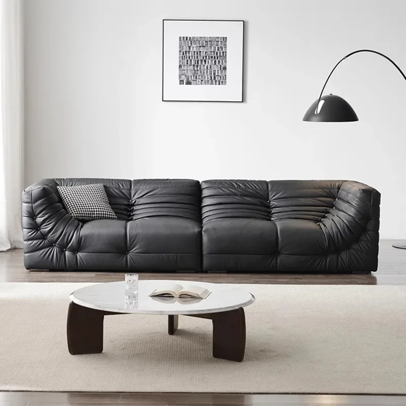 Three-person black leather sofa first layer cowhide