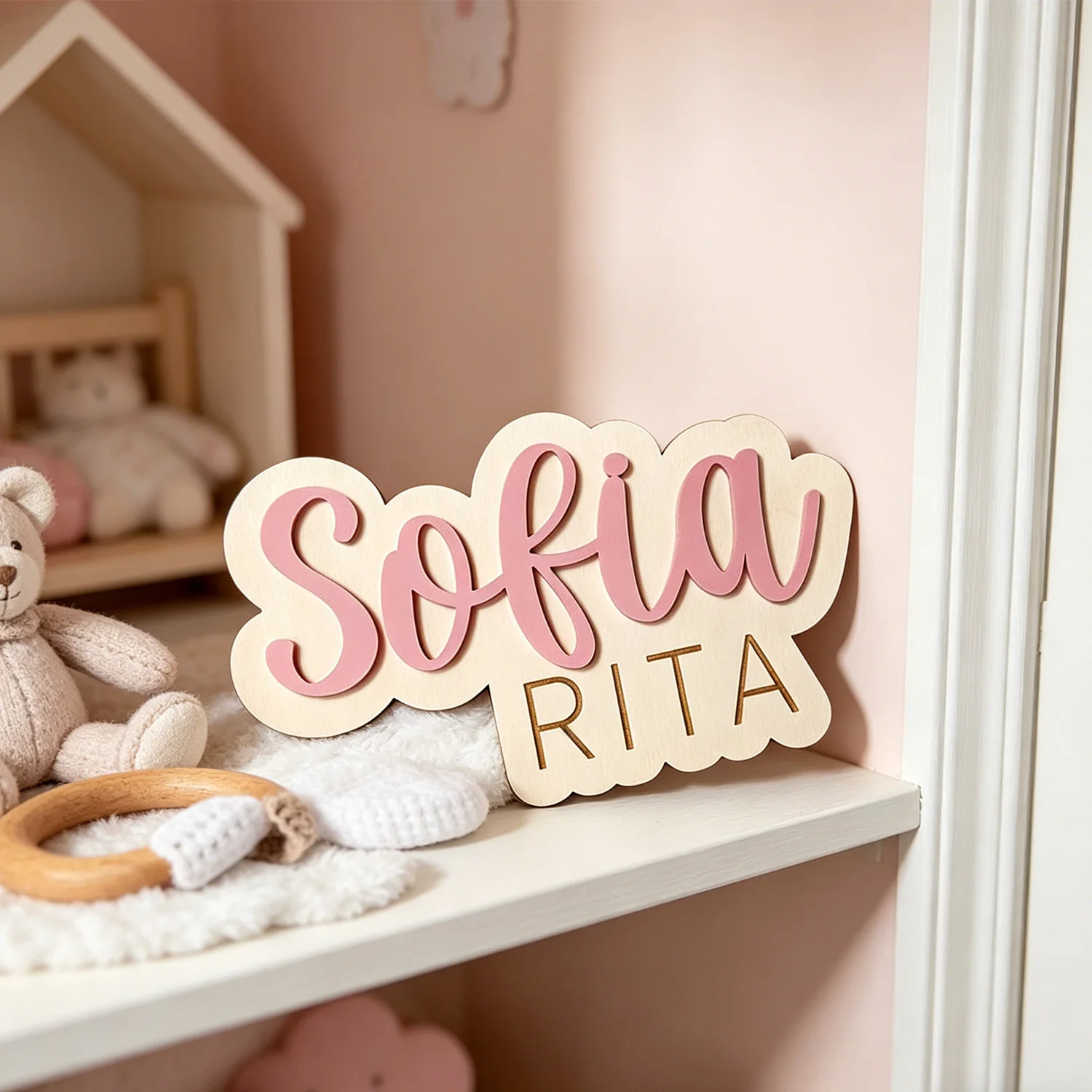 1pc Custom Double Layer Wooden Name Sign Personalized Two Line Text Tabletop Wall Indoor Home Decor Housewarming Gift