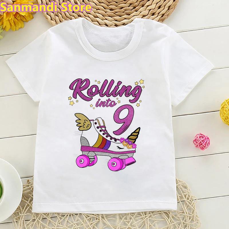 

Children'S Clothing Rolling Into 3-10th Birthday Unicorn Roller Skate Party Graphic Print Tshirt Girls Birthday Gift Girls Tops