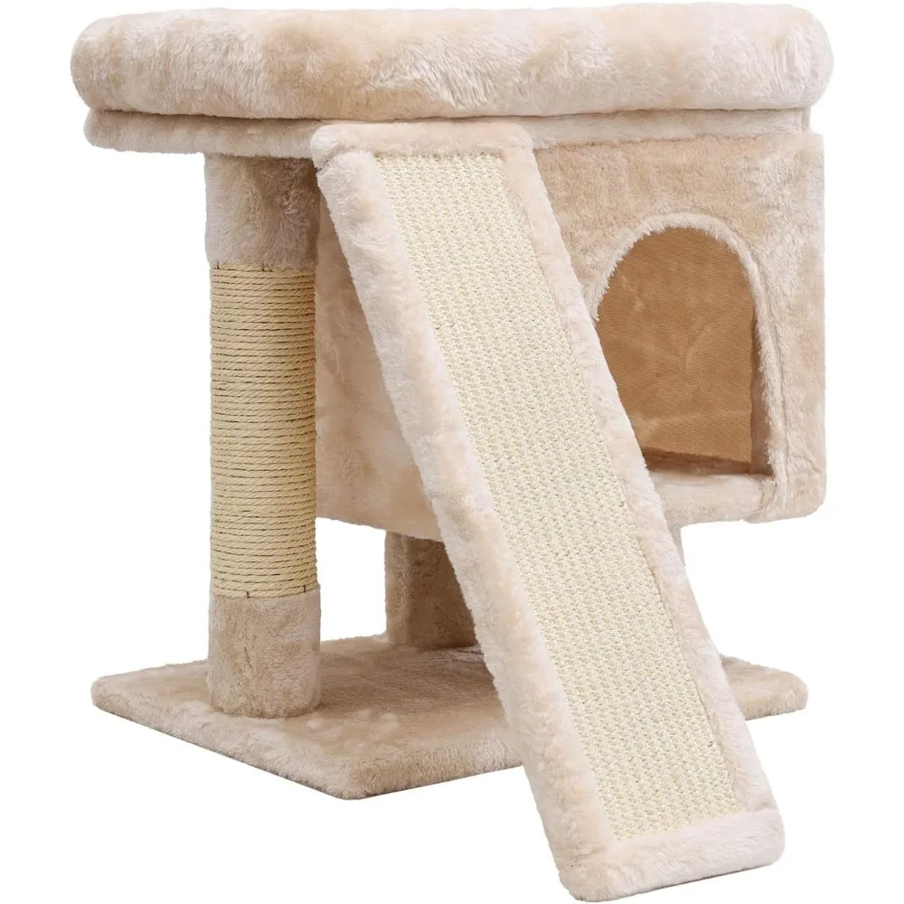 

Small Cat Tree for Indoor Large Cats, Kittens Condo with Scratching Post and Board, Modern Activity Tower with Cave (Beige)