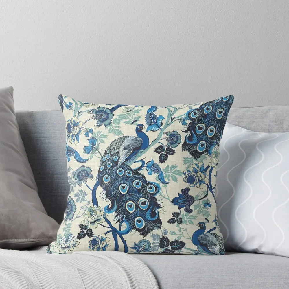 

Chinoiserie Blue Peacocks Linen look, vintage Throw Pillow Cushion Cover Luxury Christmas Pillowcase Pillow