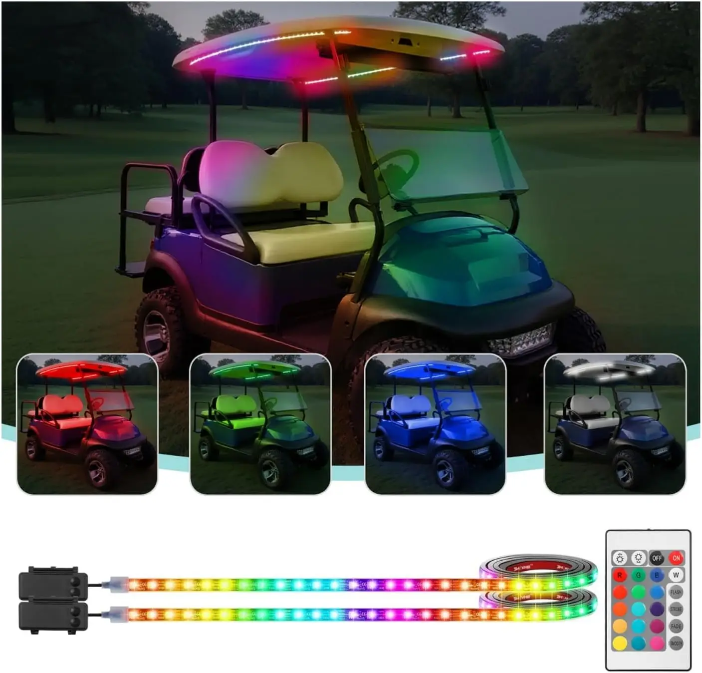 

Battery Powered Golf Cart Canopy Lights, 2 Pcs Multicolor LED Strip with Remote, IP68 Waterproof Underglow