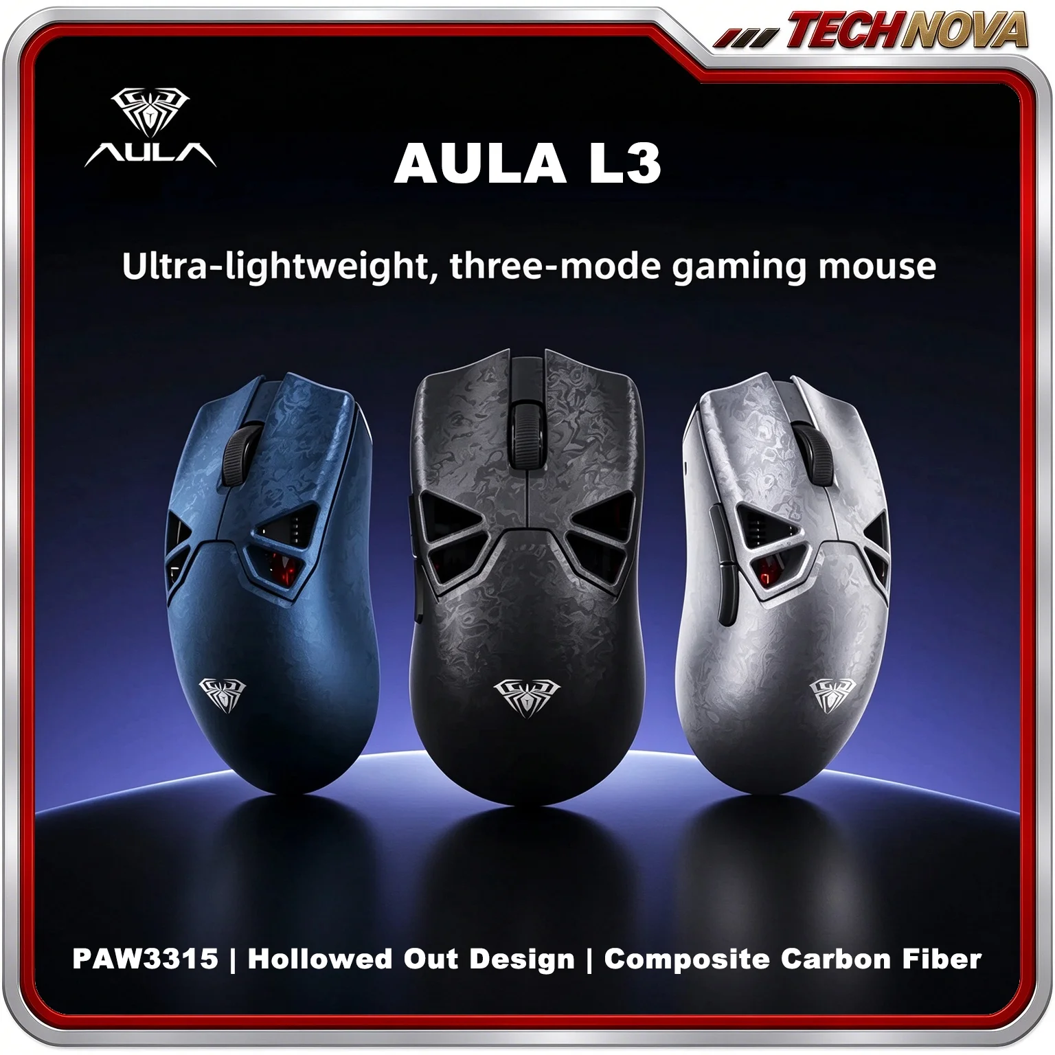 AULA L3 Tri Mode Wireless Mouse 60g Composite Carbon Fiber PAW3315 Sensor Comfortable Palm Grip for Office Gaming Palm Grip