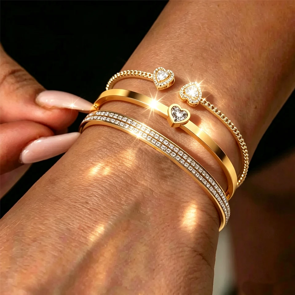 Stackable Bangle Set Heart CZ Double‑Row Pave Rhinestone Hinged Cuff Women Sweet Party Jewelry Bracelet Gift