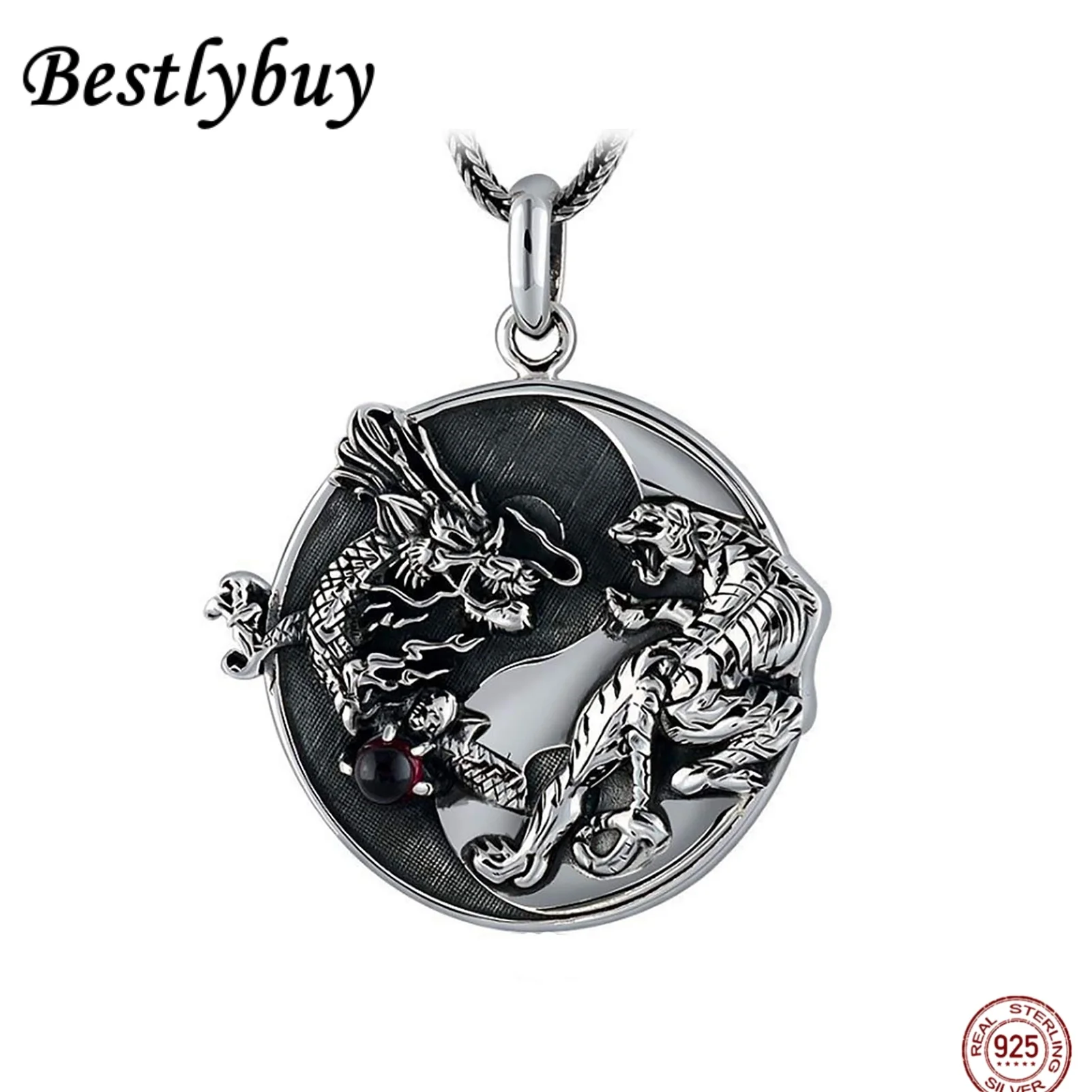 

Real 925 Sterling Silver Retro Dragon Tiger Tai Chi Eight Trigrams Silver Pendant
