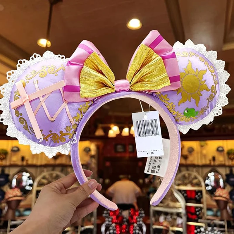 Disney Mickey Mouse Ears Headband 2025 Cinderella Rapunzel Princess Bow Minnie Ear Headwear for Adult Kids Holiday Hairband