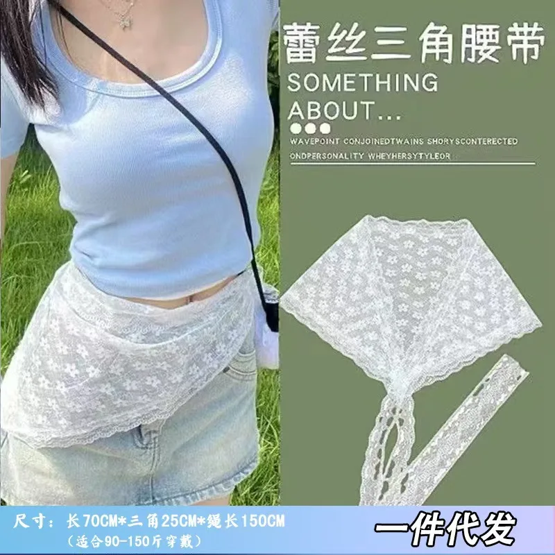 

1pc Lace Triangle Headscarf 2 in 1 Waist Scarf Skirt Layering Mesh Belt for Women 2025 Versatile Fashion Accessory